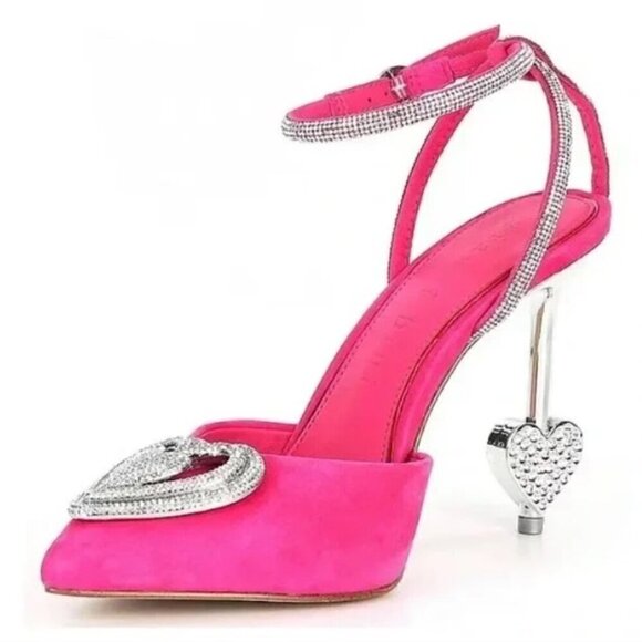 Gianni Bini Suede Barbie Pink & Silver Heart Annika Ankle Strap Heels size 9.5 - Picture 2 of 8